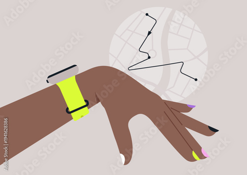 A stylish hand adorned with a bright smartwatch highlights its modern features, The soft pastel background adds charm, while a map depicts activity tracking in real time.