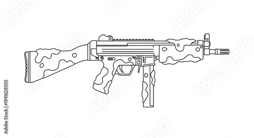 Line Art Illustration of a Camouflaged Submachine Gun