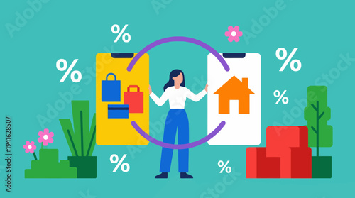 Woman choosing between shopping and home ownership with percentage symbols.