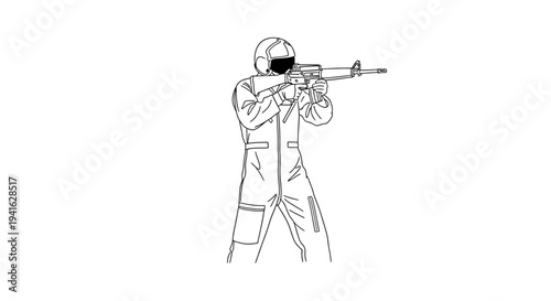 Man in protective suit aiming rifle, tactical training, shooting range silhouette
