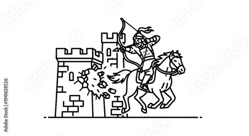 Medieval Archer on Horseback Attacks Castle Wall with Bow and Arrow