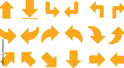 Collection of orange arrow icons various directions and styles for navigation and direction indication isolated on white background