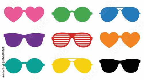 Colorful sunglasses and heart shapes collection.