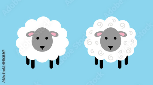 Two cartoon sheep with fluffy white coats standing together.