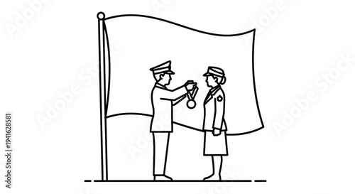 Military Award Ceremony: Officer Decorates Soldier with Medal on Flag Background