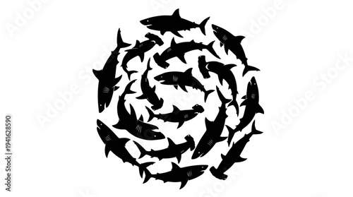 School of sharks in circular formation against white background.
