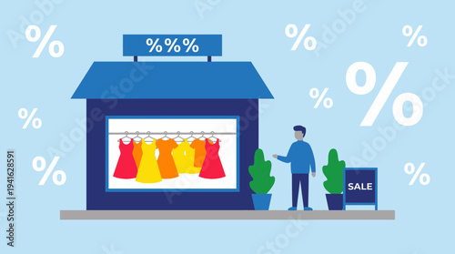 Man standing outside clothing store with sale sign and percentage symbols.