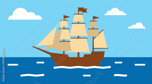 Vintage sailing ship on the ocean with calm sea and clear sky.