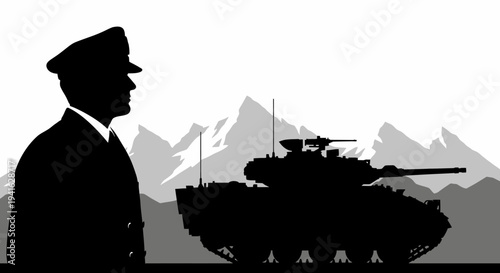Military Officer Inspecting Tank Silhouette with Mountains Background
