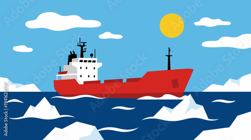 Red cargo ship navigating through icy waters under a clear blue sky.