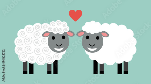 Two cartoon sheep standing together with a heart above them.