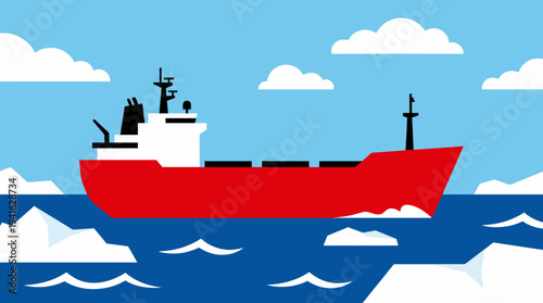 Red cargo ship navigating through icy waters under a blue sky.