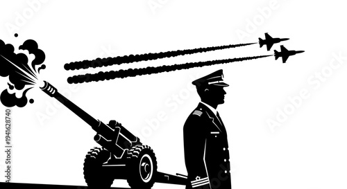 Military Officer Oversees Artillery Firing and Fighter Jets Flying in Formation