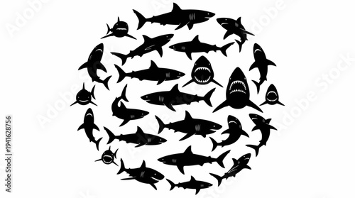 Diverse group of sharks forming a circular pattern.