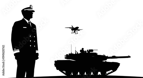 Military Officer Oversees Tank and Drone Operations, Symbolizing Modern Warfare and Surveillance