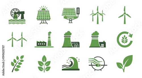 Collection of green energy and renewable power icons.