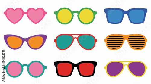 Assorted colorful sunglasses in various shapes and designs.
