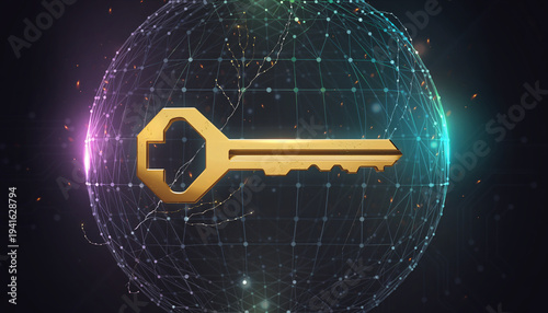 Golden digital key in complex glowing data mesh for security