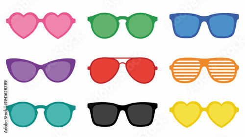 Assorted colorful sunglasses with heart-shaped and classic frames.