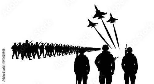 Military parade with soldiers and fighter jets flying over