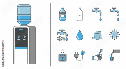 Modern Water Cooler Dispenser with Blue Water Bottle on Top.
