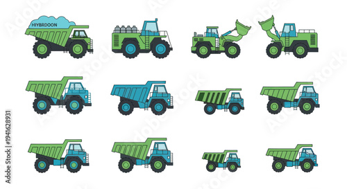 Collection of Cartoon Construction Vehicles: Dump Trucks Bulldozers and Loaders.