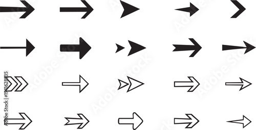 Collection of diverse arrow icons simple vector shapes for navigation and direction flat design elements isolated on white background