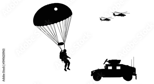 Military Paratrooper Descends Near Humvee and Helicopters, Airborne Assault Concept