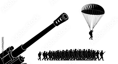 Military Paratrooper Jumps Near Artillery and Marching Soldiers Silhouette