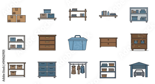 Diverse Collection of Storage and Organization Icons for Warehouse Home and Moving.