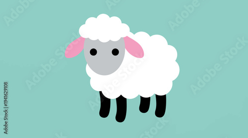 Cartoon sheep with white wool and black legs on teal background.