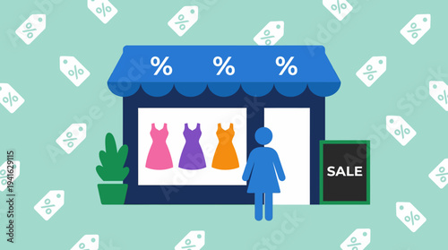 Woman standing outside clothing store with sale sign and discount tags.