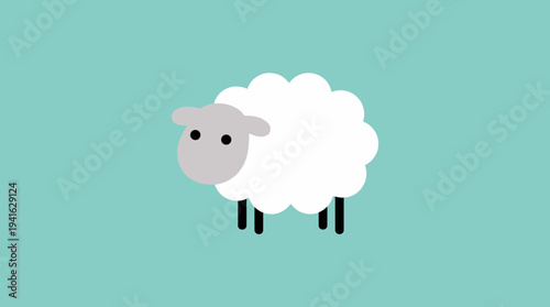 Simple cartoon sheep with white wool on green background.