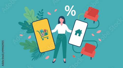 Woman holding smartphones with shopping cart and percentage symbols.