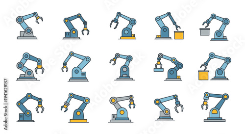 A collection of industrial robotic arm icons for automation and manufacturing processes.