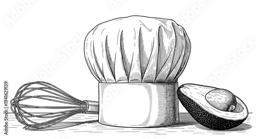 Black and white illustration of chef hat with avocado and whisk.