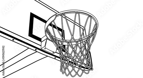 A black and white illustration of a basketball hoop.