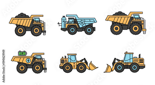 Collection of Cartoon Mining Trucks and Excavators.