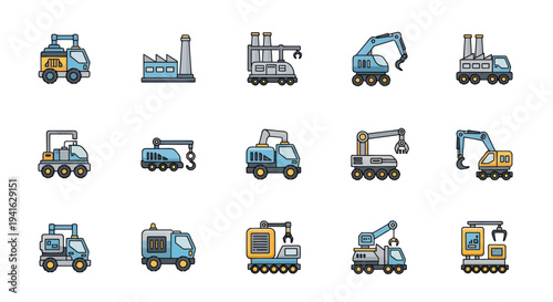 A colorful collection of industrial and construction vehicle icons in a flat line art style.