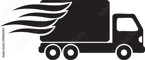 Monochrome delivery truck silhouette showing dynamic speed streaks in flat black and white