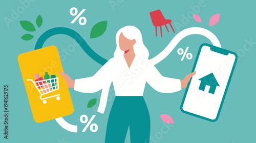 Woman holding smartphone and tablet with shopping cart and house icon.