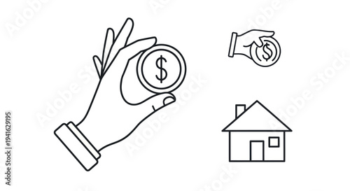 Line art icons: hand holding dollar coin and house symbolizing finance savings and property.