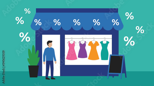 Man standing outside clothing store with sale advertisement in the window.