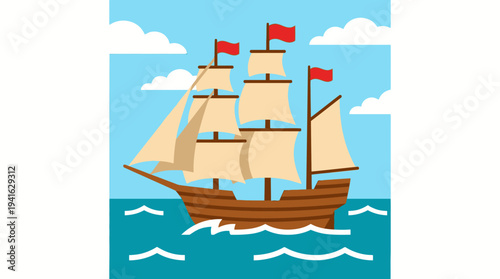 Vintage sailing ship on the ocean with red flags.