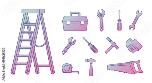 A vibrant gradient illustrated set of common construction and repair hand tools.