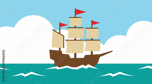 Sailing Ship on the Ocean with Cloudy Sky.