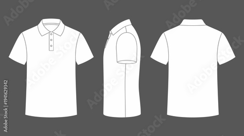 White Polo Shirt Front Back and Side Views Illustration.