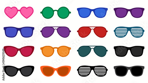 Collection of colorful sunglasses with various designs and shapes.