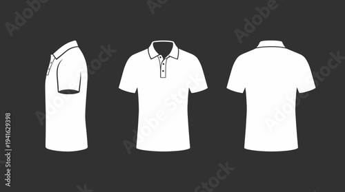 White polo shirt template front back and side views on dark background.