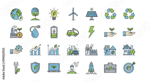 Colorful Eco-Friendly Icons Representing Sustainability and Renewable Energy Concepts.